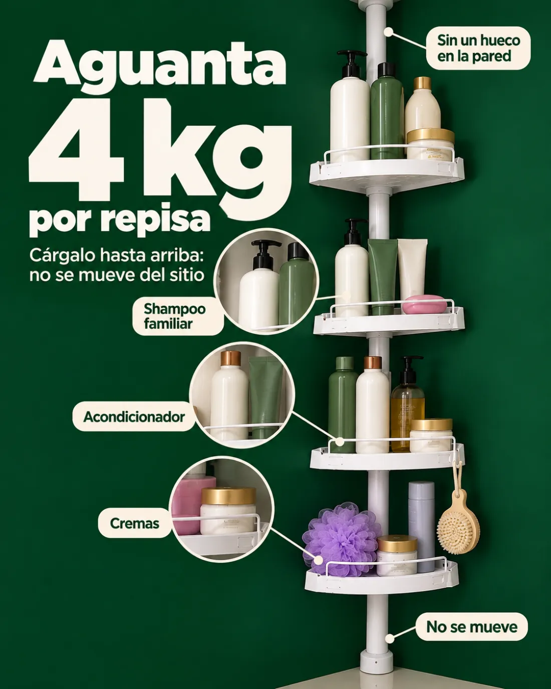 Aguanta 4 kg por repisa — Cárgalo hasta arriba: no se mueve del sitio — 4 kg por repisa — Shampoo familiar — Acondicionador — Cremas — No se mueve — Sin un hueco en la pared